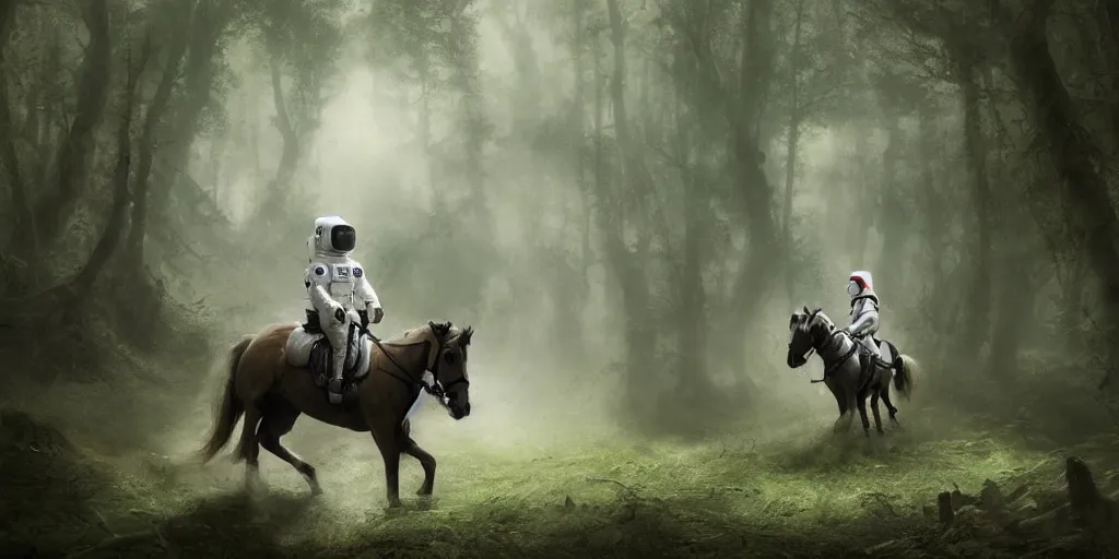 Image similar to an astronaut riding on the back of a white horse through a forest, a detailed matte painting by frieke janssens, featured on cgsociety, fantasy art, matte painting, reimagined by industrial light and magic, matte drawing