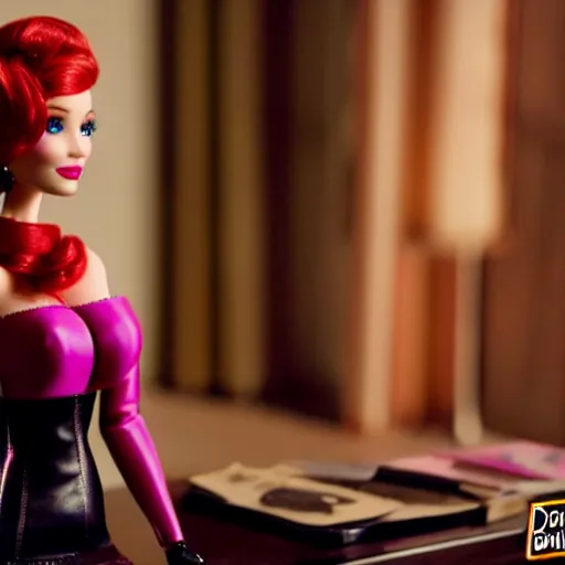 Image similar to amazing beautiful Christina Hendricks barbie doll wearing leather in the living room, film still from the movie directed by Denis Villeneuve , wide lens