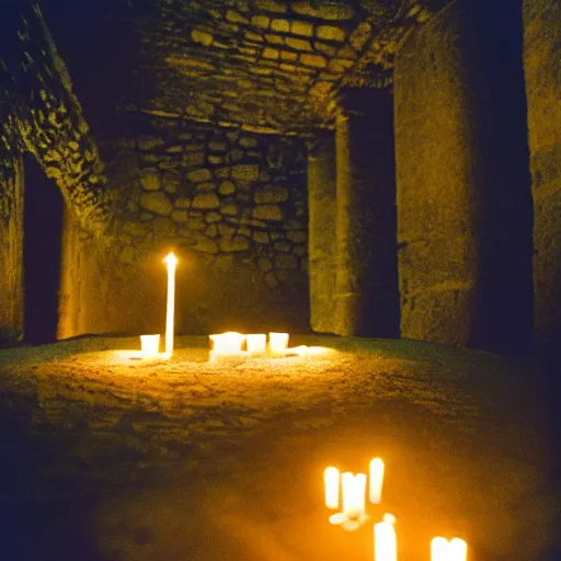 Prompt: film photography film photography, inside an Aztec temple, at night, lit with candles, Leica M6, cinestill 800, Noctilux 50mm