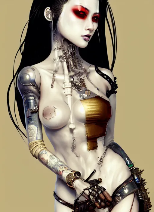 Image similar to soft lustrous ivory ebony geisha yakuza raver gutter punk gothic biotech steampunk cyborg, golden ratio, details, scifi, fantasy, cyberpunk, intricate, decadent, highly detailed, digital painting, octane render, artstation, concept art, smooth, sharp focus, illustration, art by artgerm, loish, wlop