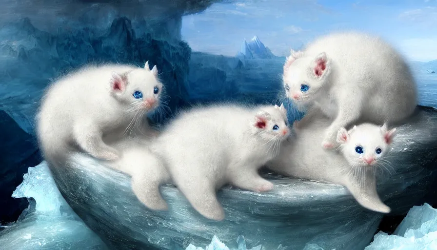 Image similar to highly detailed painting of white cute baby seal furry dragon kitten pandas on a blue and white iceberg by william turner, by greg rutkowski, by william constable, thick brush strokes and visible paint layers, 4 k resolution