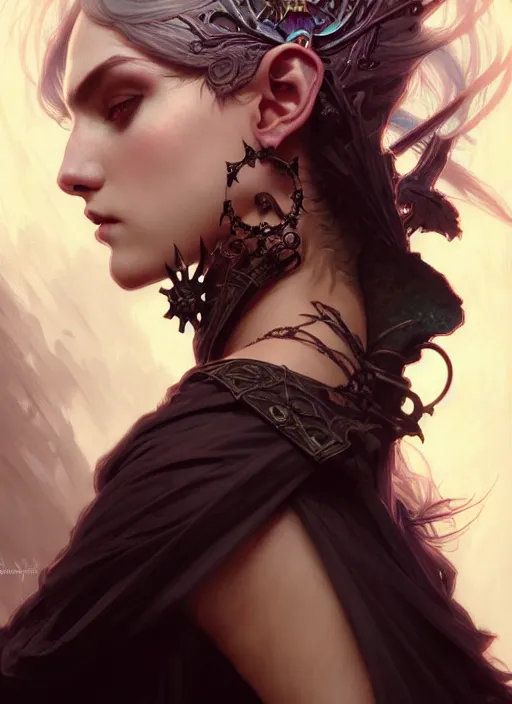 Image similar to Necromancer Sorceress, fantasy magic, undercut hairstyle, dark light night, intricate, elegant, sharp focus, illustration, highly detailed, digital painting, concept art, matte, art by WLOP and Artgerm and Greg Rutkowski and Alphonse Mucha, masterpiece