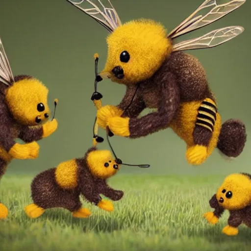 Prompt: A giant bee fighting a bunch of tiny bears