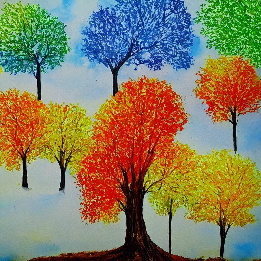 Image similar to a beautiful painting of one single tree representing all four seasons. Spring, Summer, Autum, Winter.