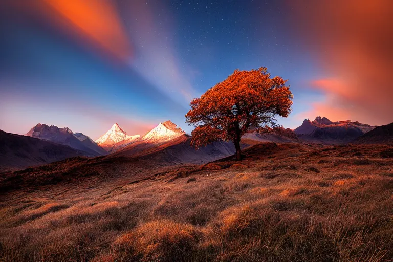 Image similar to beautiful landscape photo by marc adamus, mountains, tree in the foreground, dramatic sky,