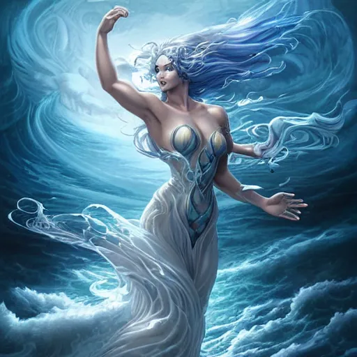 Image similar to powerful goddess of water fully clothed in a dress of swirling water striding through a stormy sea, highly detailed matte fantasy painting, stormy lighting, by Ross Tran and Artgerm and Peter Mohrbacher