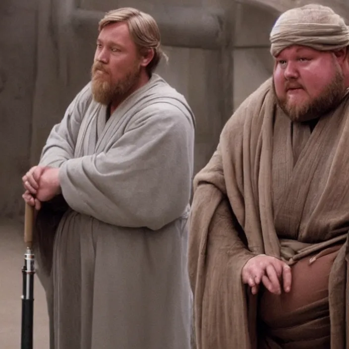 Image similar to obi wan kenobi but obese!! and overweight, photoralistic rendering, movie still, screenshot, hyperdetailed