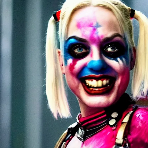 Prompt: A still of Kaley Cuoco as Harley Quinn in The Suicide Squad (2021)