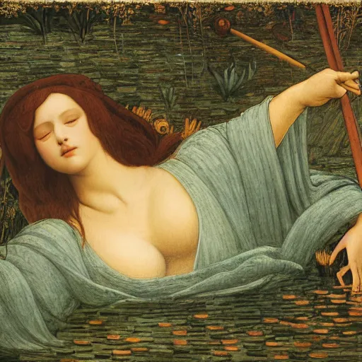 Image similar to ophelia, laying flat submerged in water, close up portrait, under the river amongst the reeds, fully covered in robes and lake foliage, weeds reeds, fully clothed in flowing medieval robes, by leonardo devinci, botticelli, devinci, rosetti and monet, 8 k