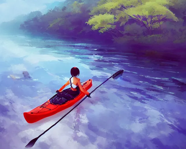 Prompt: a girl in a kayak in a river. blue water, atmospheric lighting. by makoto shinkai, stanley artgerm lau, wlop, rossdraws, james jean, andrei riabovitchev, marc simonetti, krenz cushart, sakimichan, d & d trending on artstation, digital art.