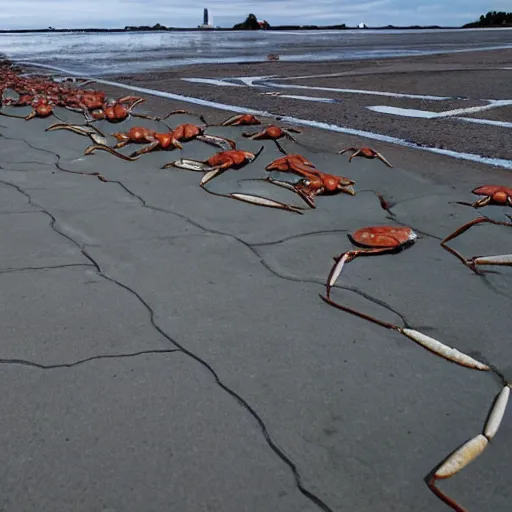 Image similar to crabs lined up in a single file line across a giant perfectly flat concrete plane that goes out as far as the eye can see