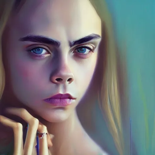 Image similar to cara delevingne, full body portrait colorful oil painting by greg rutkowski, charlie bowater, yuumei, yanjun cheng, unreal 5, daz, hyperrealistic, octane render, rpg portrait, dynamic lighting, fantasy art, beautiful face