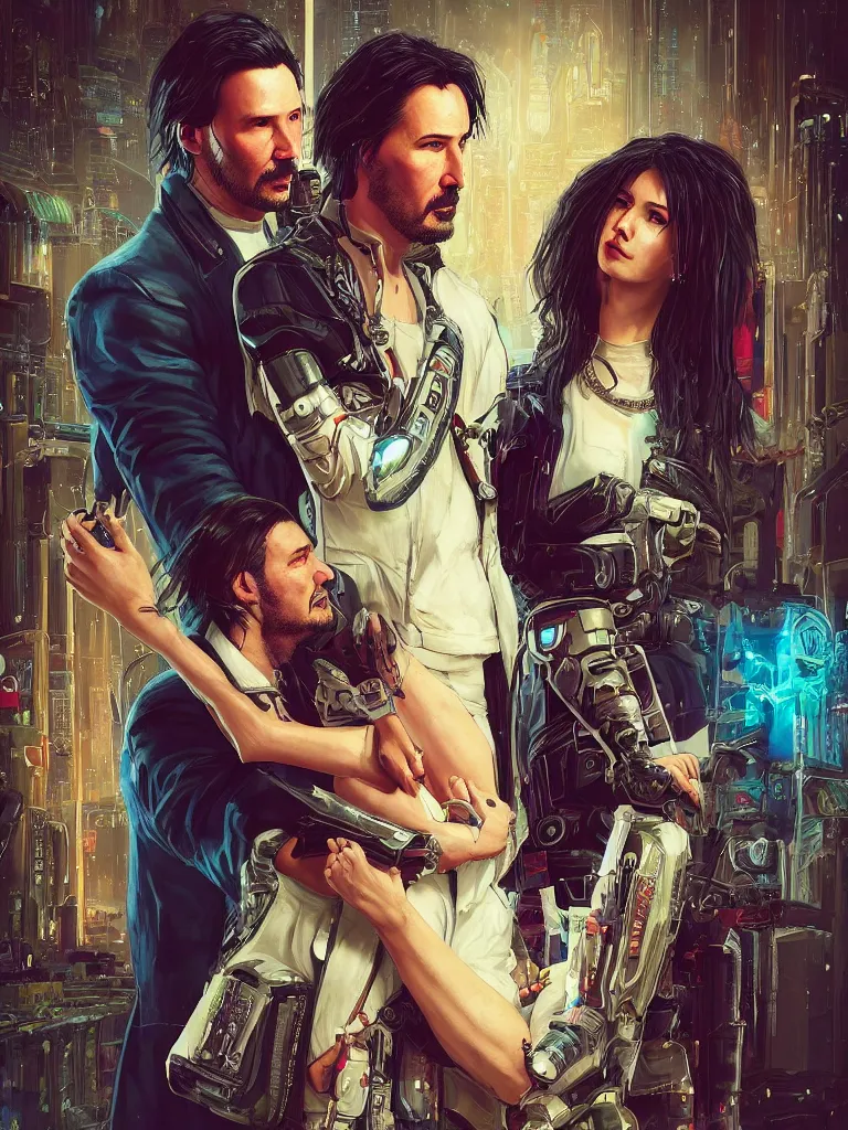 Prompt: a cyberpunk 2077 wedding couple portrait of Keanu Reeves and V in love story,pray,hug,hold,kiss,film lighting,by Lawrence Alma-Tadema,Andrei Riabovitchev,Laurie Greasley,Dan Mumford, John Wick,Speed,Replicas,artstation,deviantart,FAN ART,full of color,Digital painting,face enhance,highly detailed,8K,octane,golden ratio,cinematic lighting