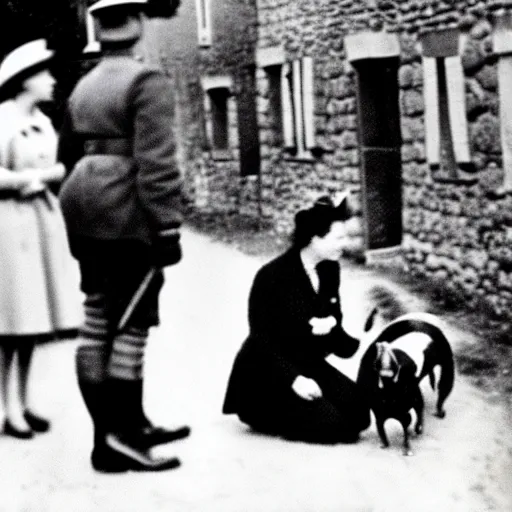 Prompt: ultra wide 1 9 4 6 blurry historical photo of a single german general kneeling before a young queen elizabeth in a french village, her brown and white corgis are next to her, highly detailed, sharp focus
