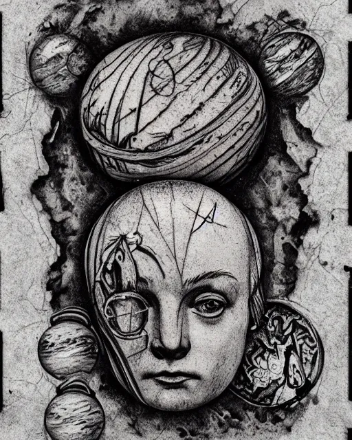 Image similar to planets on the top of a broken renaissance head statue, realism tattoo design, in the style of sivak