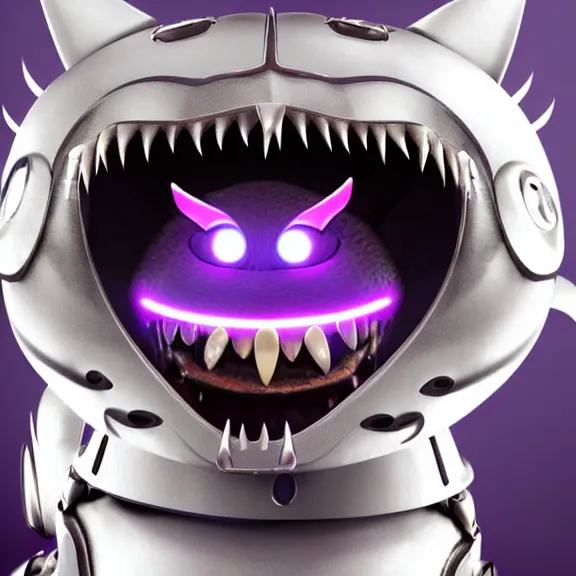 Image similar to high quality close up headshot of a cute beautiful stunning robot anthropomorphic female dragon with metal cat ears, with sleek silver metal armor, purple flesh, glowing LED eyes, facing the camera, high quality maw open and about to eat you, you being dragon food, the open maw being detailed and soft, sharp teeth, soft lulling tongue, highly detailed digital art, furry art, anthro art, sci fi, warframe art, destiny art, high quality, 3D realistic, dragon mawshot, maw art, furry mawshot, macro art, dragon art, Furaffinity, Deviantart