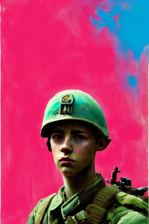 Image similar to portrait of a young soldier boy nor living in a death apademic world, painterly painted in the colors hot pink and cyan, beautiful face, rule of thirds, soldier outfit, spotlight, octane, dramtic lit, award winning photography, by greg rutkowski, by jeremy mann, by francoise nielly, by van gogh, digital painting