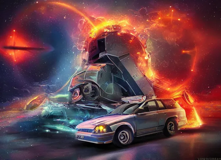 Image similar to volvo time machine flying through space and time, digital art, illustration, 3 d, colourful, amazing, cinema, michael bay style