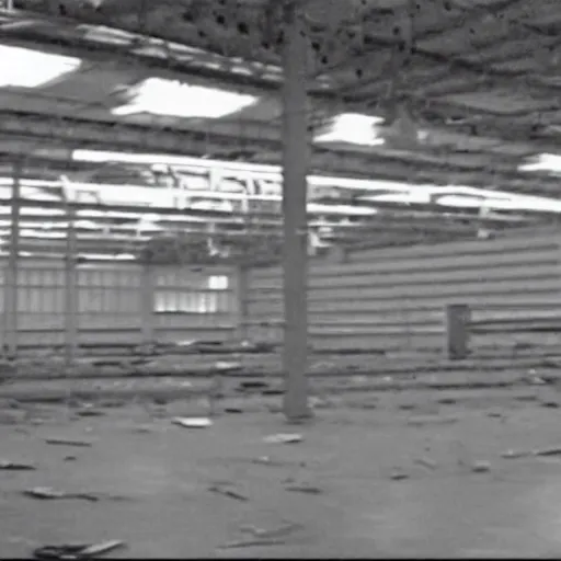 Image similar to insecam cctv footage of an abandoned mannequin warehouse, monochromatic, grainy and blurry vhs footage