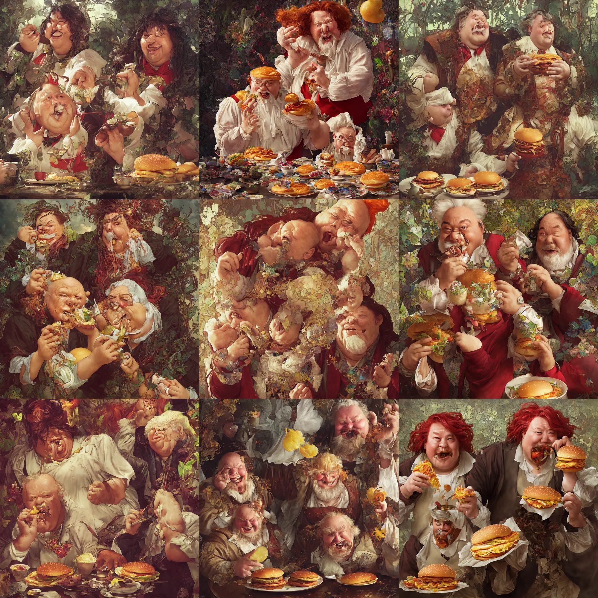 Prompt: Portrait of a very chubby old Ronald Macdonald, sloppily eating a Big Mac, fantasy, digital painting, very intricate details, wide angle lens, hyper realistic, art by Yintion J , Jiang Geping and artgerm and greg rutkowski and alphonse mucha