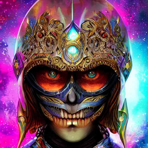 Prompt: Very very very very highly detailed mystic, enigmatic, strange portrait of a phantom warrior with galaxy, roses, shark's teeth by Mozart, intricate, extremely detailed, digital painting, artstation, concept art, smooth, sharp focus, illustration, intimidating lighting, incredible art,