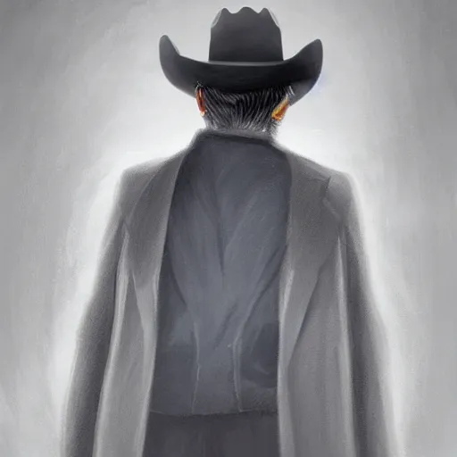 Image similar to a man with a long coat,grey hair and a cowboy hat walking in a western town, drawn by Shaddy Safadi, portrait, fantasy art, dramatic lighting, digital art, 8k, highly detailed