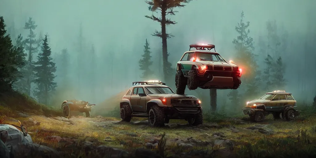 Image similar to a beautiful concept offroad suv, an epic fantasy, dramatic lighting, cinematic, establishing shot, extremely high detail, photorealistic, cinematic lighting, artstation, by simon stalenhag, midsommar
