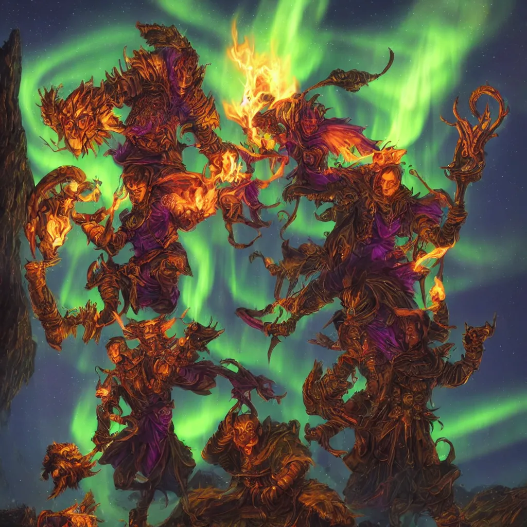 Image similar to dungeons and dragons, hyper detailed, realistic, warlock with pet imp, magic aura, northern lights, fumes and flames in background, full body