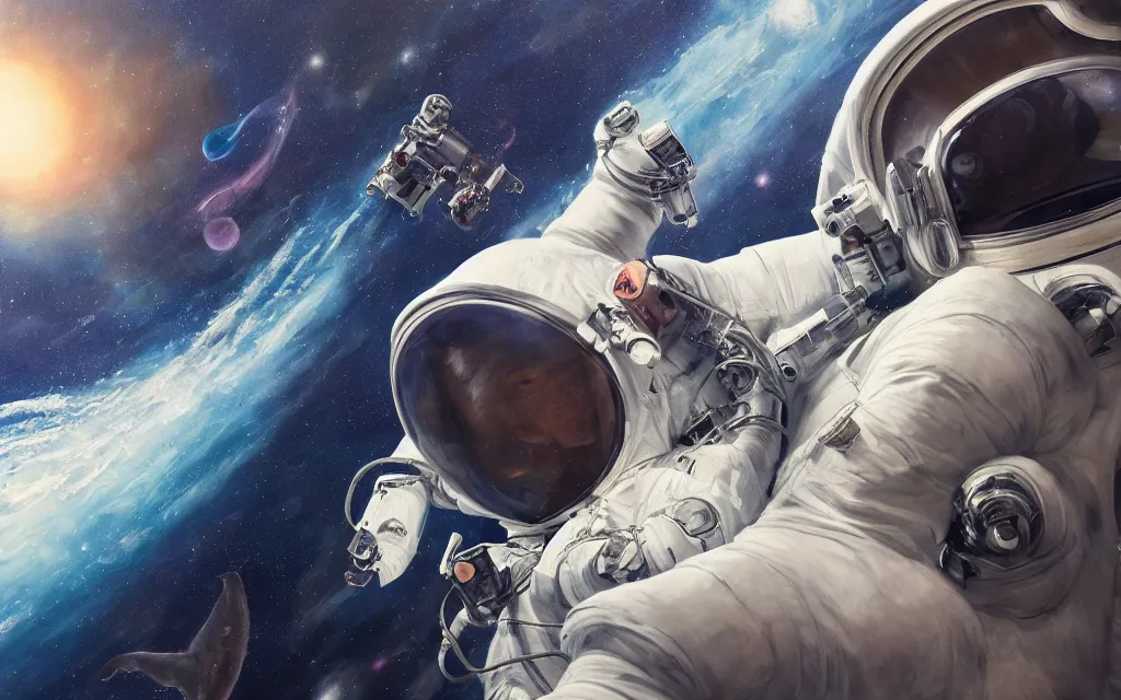 Prompt: whale in astronaut suit floating in deep space, oil on canvas, intricate, portrait, 8 k highly professionally detailed, hdr, cgsociety, sharp focus, artstation, vibrant, cinematic