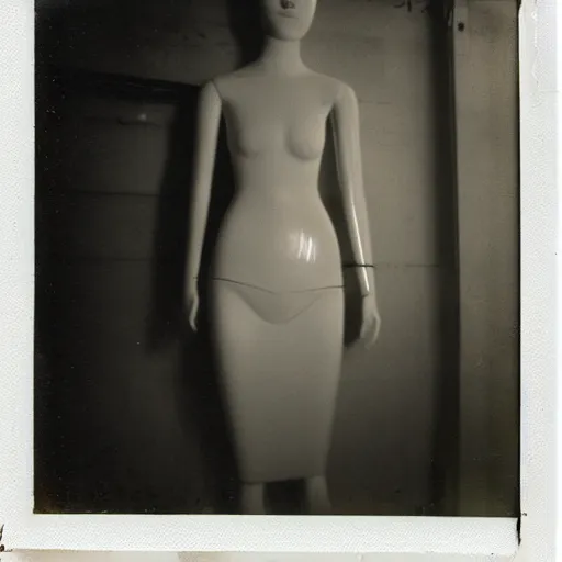 Prompt: an uncanny photograph of a mannequin with a wide smile in a dimly lit abandoned warehouse, creepy, liminal, flash photography, polaroid i-Type film