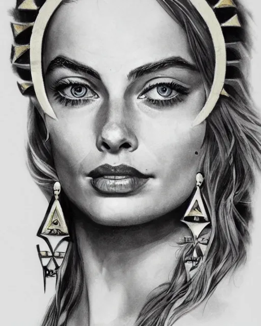 Image similar to realism tattoo sketch of margot robbie as a beautiful greek goddess aphrodite with piercing eyes wearing a laurel wreath and triangle earrings, in the style of greg rutkowski, amazing detail