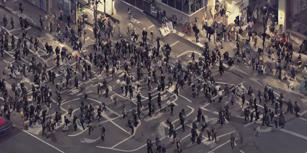 Image similar to crowd of crazy people attacking a crowd of cops in front of stores in lo angeles, photorealism, professional lighting, lighting from streetlights, photo with japanese chill style, conceptual art