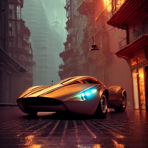 Image similar to cyborg vintage supercar slick warm tones : by michal karcz, daniel merriam, victo ngai and guillermo del toro : ornate, dynamic, particulate, intricate, elegant, highly detailed, centered, artstation, smooth, sharp focus, octane render