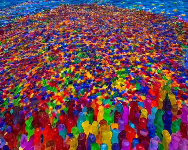 Image similar to a giant sculpture made out of thousands of gummy bears in a human head shape, on the surface of the ocean, in the style of chad knight, long shot, hyper detailed, hyper realistic, ray tracing, 8 k resolution, sharp focus, realistic water, award winning sculpture