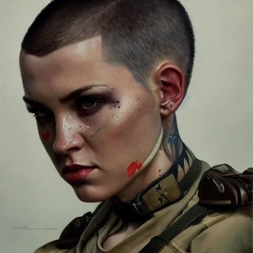 Image similar to portrait painting of a female soldier with no hair and a tattooed head, muscular upper body, wearing soldier fatigues, dystopian mood, dark fantasy, intricate, highly detailed, digital painting, artstation, concept art, smooth, sharp focus, illustration, art by artgerm and greg rutkowski and alphonse mucha