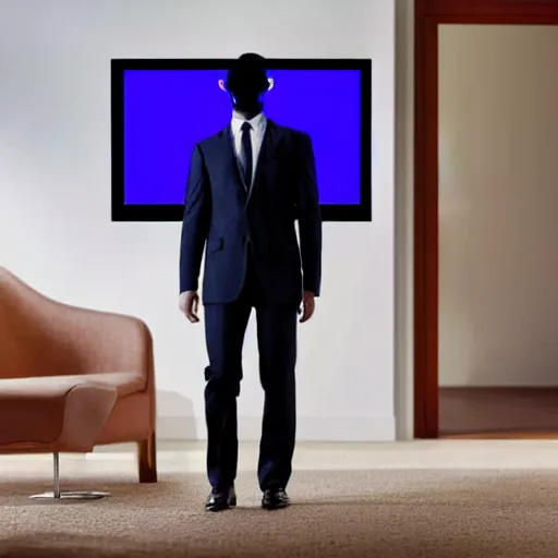 Image similar to a man in a suit wearing a tv while walking, front door camera