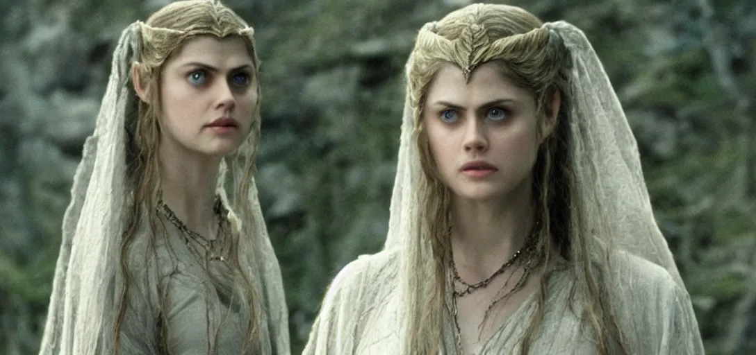 Image similar to still of alexandra daddario as galadriel in the lord of the rings ( 2 0 0 1 )