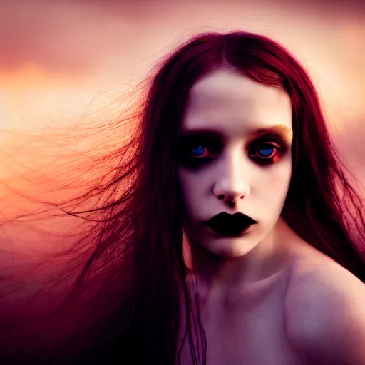 Image similar to photographic portrait of a stunningly beautiful english emo gothic female in soft dreamy light at sunset, soft focus, contemporary fashion shoot, in a tim burton movie, by edward robert hughes, annie leibovitz and steve mccurry, david lazar, jimmy nelsson, extremely detailed, breathtaking, hyperrealistic, perfect face, octane render