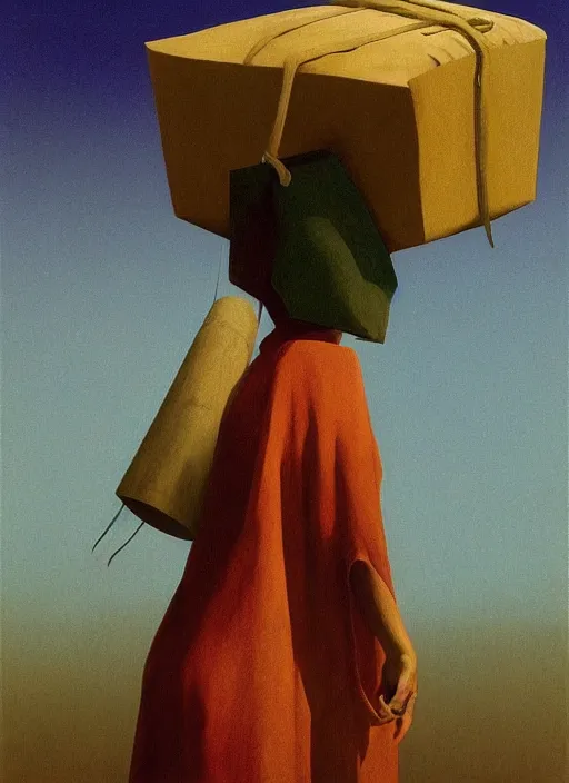 Prompt: neo-andean women paper bag over the head and a sward Edward Hopper and James Gilleard, Zdzislaw Beksinski, highly detailed