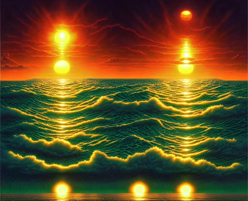 Image similar to the sun rising just above the horizon over the sea by dan mumford and vladimir kush and donato giancola and ted withers and peter driben and greg rutkowski and roberto ferri, green water, synthwave, retrowave, highly detailed, high contrast, intricate details, blended palette