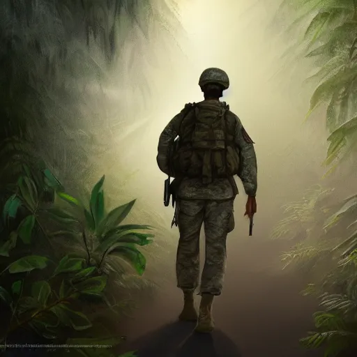 Prompt: Painting of an American soldiers walking through the dense jungles of Vietnam, dim lighting, god rays, trending on artstation, incredibly high detail, 4k resolution, shadows