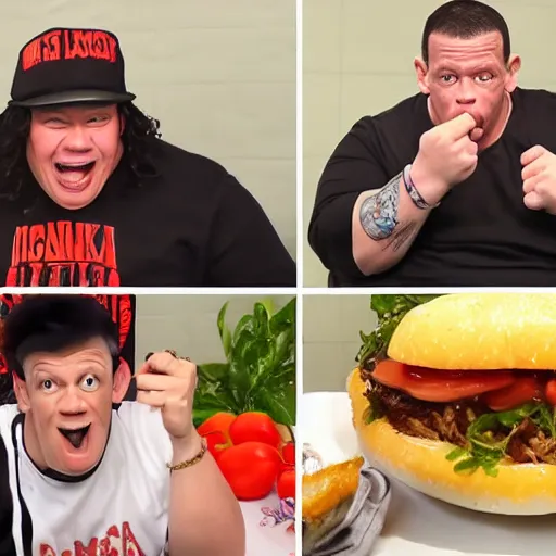 Image similar to obese john cena and michael jackson eating mukbang