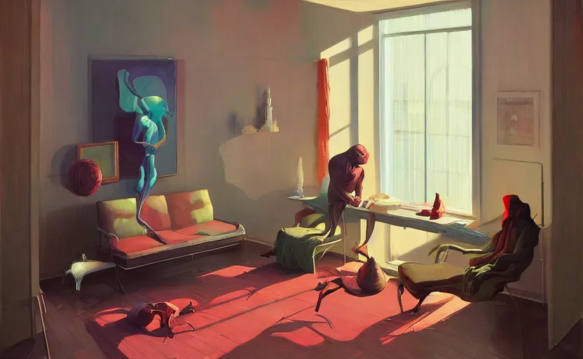 Image similar to Cozy apartment, very coherent, painted by Francis Bacon and Edward Hopper, Wayne Barlowe, painted by James Gilleard, surrealism, airbrush, art by JamesJean