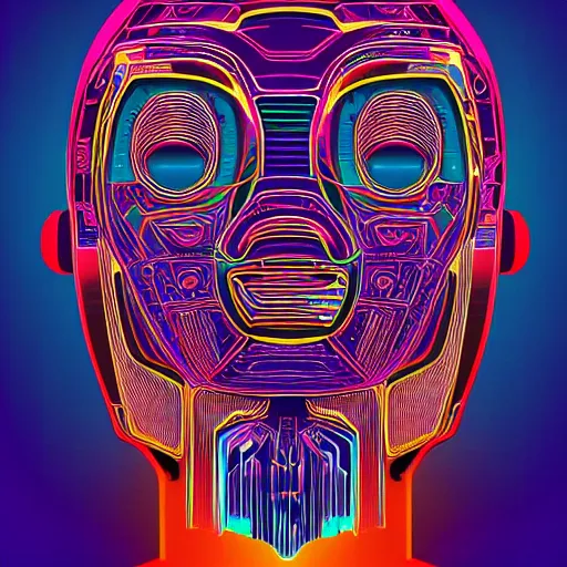 Image similar to hyperdetailed portrait of a spaced out cyberpunk aztec futurism robot head, 8 k, symetrical, flourescent colors, halluzinogenic, meditative, multicolored vector art, black background