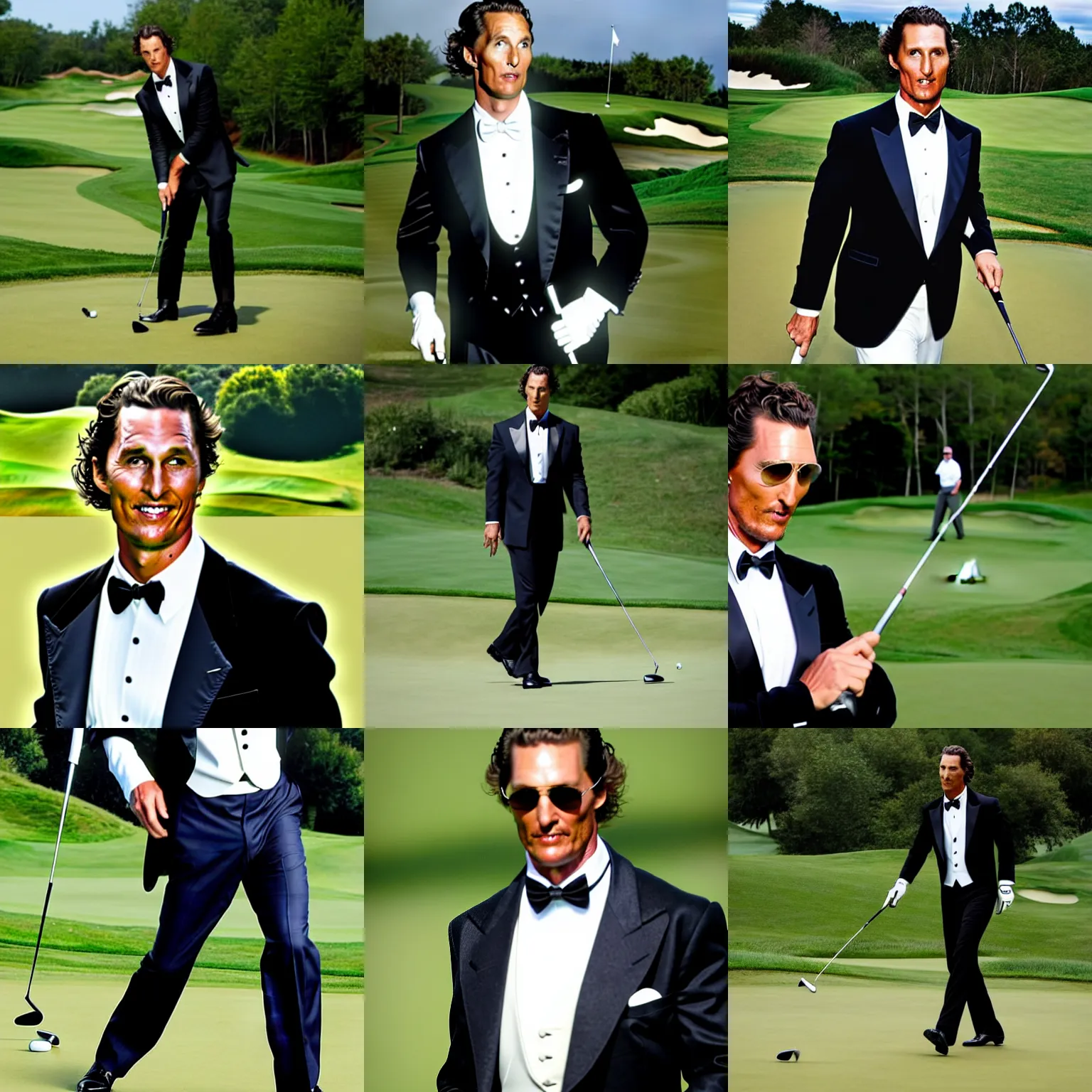 Prompt: a photo of matthew mcconaughey in a tuxedo, playing golf.