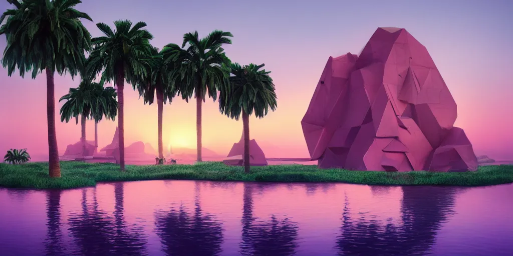 Image similar to Beeple artgem masterpiece, sunrise, hyperrealistic surrealism, award winning masterpiece with incredible details, epic stunning, infinity pool, a surreal liminal space, highly detailed, trending on ArtStation, calming, meditative, pink arches, palm trees, surreal, sharp details, dreamscape, giant head statue ruins, gold octahedron statue, crystal clear water