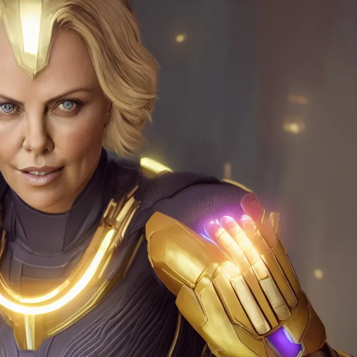 Image similar to portrait of ((((Charlize Theron)))), wearing The Infinity Gauntlet. SNAP. intricate artwork. octane render, trending on artstation, very coherent symmetrical artwork. avengers. thanos. cinematic, hyper realism, high detail, octane render, 8k, iridescent accents