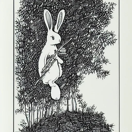 Prompt: precisely drawn, fine detailed, intense line work, drawing of a white bunny smoking a big cigarette in the deep tangled forest, by edward gorey, black ink on white paper