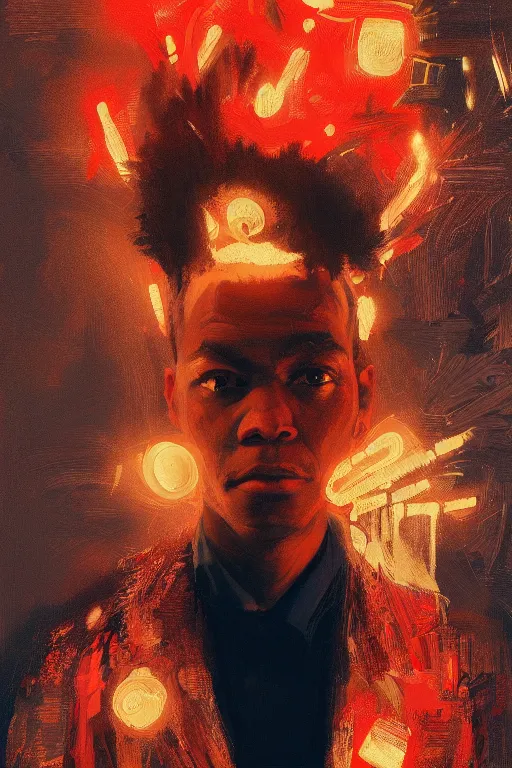 Image similar to portrait of jean basquiat, intricate, elegant, glowing lights, highly detailed, digital painting, artstation, sharp focus, illustration, art by wlop, mars ravelo and greg rutkowski