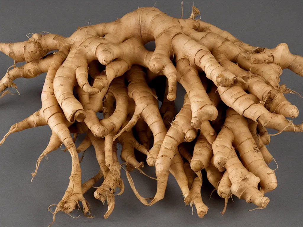 Prompt: a ginger root in the shape of a pack mule, a pack mule, a pack mule shaped ginger root, hyperrealistic